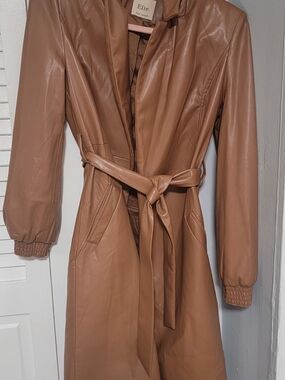 Liz Claiborne Tan Faux-Leather Belted Trench Coat